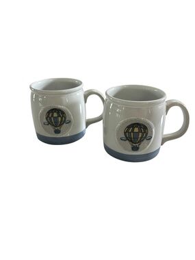 Hot Air Balloon‎ Stoneware Mugs Blue, Yellow, White Coffee Set of 2